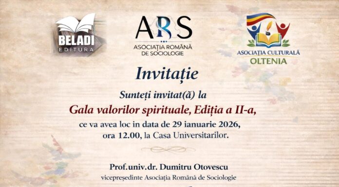 Joi, 29 ianuarie 2026, ora 12,00, la Casa Universitarilor din Craiova, «Gala valorilor spirituale», Ediţia a II-a – ,,În termeni sociologici, ştiinţa aceasta înseamnă a cultiva imaginația creatoare”! (Dumitru Otovescu)