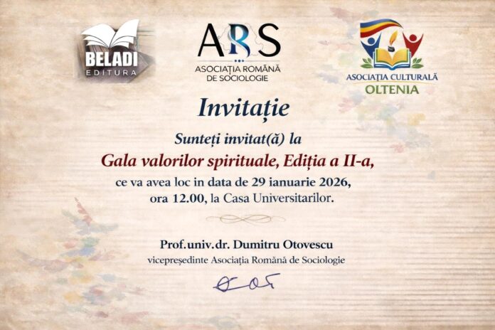 Joi, 29 ianuarie 2026, ora 12,00, la Casa Universitarilor din Craiova, «Gala valorilor spirituale», Ediţia a II-a – ,,În termeni sociologici, ştiinţa aceasta înseamnă a cultiva imaginația creatoare”! (Dumitru Otovescu)