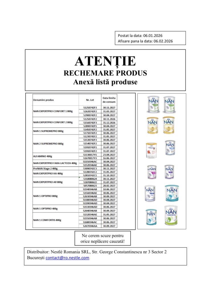 Alertă alimentară: loturi de lapte praf pentru sugari, retrase de pe piață