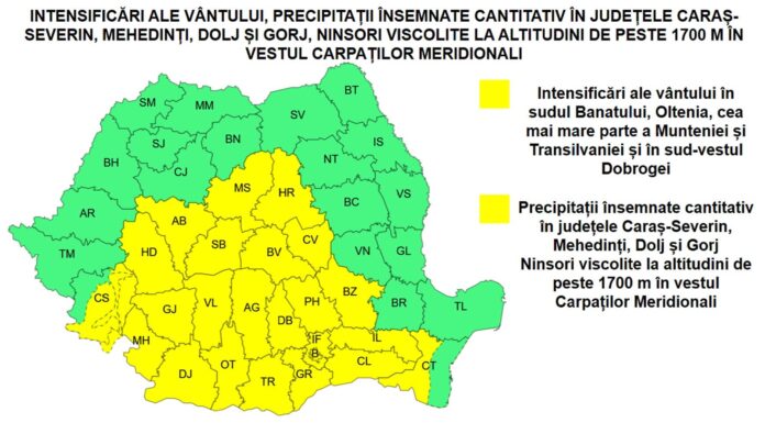 Cod galben de vânt și precipitații abundente în Gorj