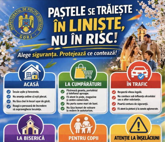 IPJ Gorj: ,,Alege să petreci Paștele în liniște și siguranță!”