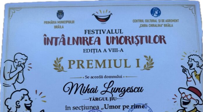 Epigramistul gorjean Doru-Mihai Lungescu, a fost răsplătit cu premiul I la Festivalul Concurs „Întâlnirea Umoriștilor”, Brăila 2026