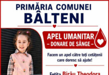 Comunitatea din Bâlteni, unită pentru viață! Apel la donare de sânge pentru o fetiță de 3 ani