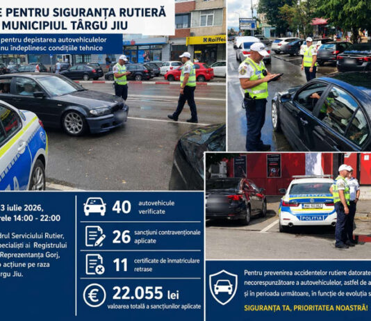 Poliția și Registrul Auto Român, în acțiune în Târgu-Jiu, pentru verificarea stării tehnice a autovehiculelor