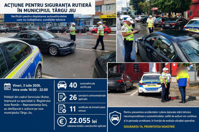 Poliția și Registrul Auto Român, în acțiune în Târgu-Jiu, pentru verificarea stării tehnice a autovehiculelor