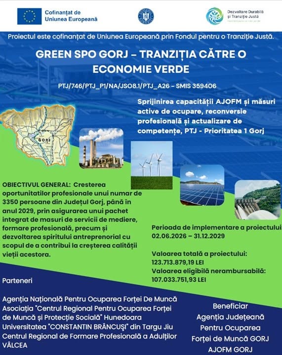 Proiect major derulat de AJOFM Gorj pentru sprijinirea persoanelor afectate de tranziția către economia verde