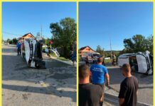 FOTO | Impact violent în Slivilești! Două mașini s-au ciocnit, una a ajuns în șanț, cealaltă s-a răsturnat