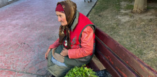 Femeia de 80 de ani care vinde zarzavaturi și legume pe o bancă din Târgu Jiu. „Pensia este mică și trebuie să mă descurc“